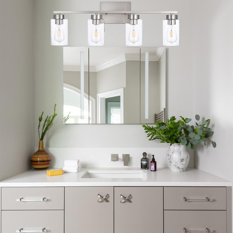 A1A9 4 Light Bathroom Vanity Light Fixtures, Brush Nickel Modern Wall Lights with Clear Glass Shade, Vintage Wall Sconce Lighting for Living Room, Mirror, Bedroom, Hallway (Nickel, 4-Lights) - Image 5